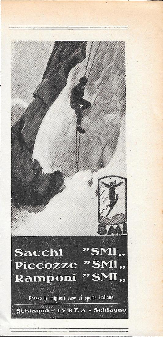 SMI. Sacchi, picozze, ramponi. Advertising 1935