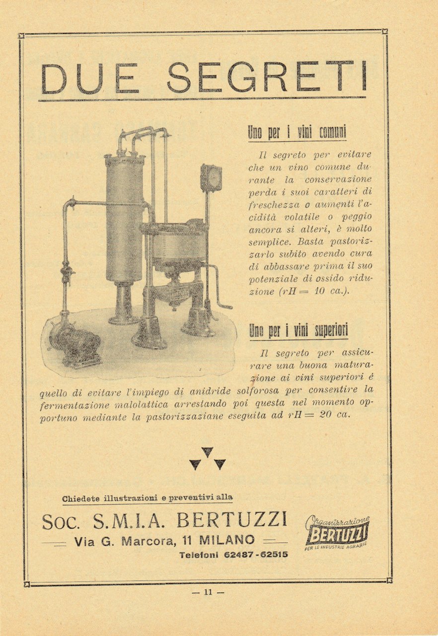 SMIA Bertuzzi. Pastorizzatore per vini. Advertising 1947
