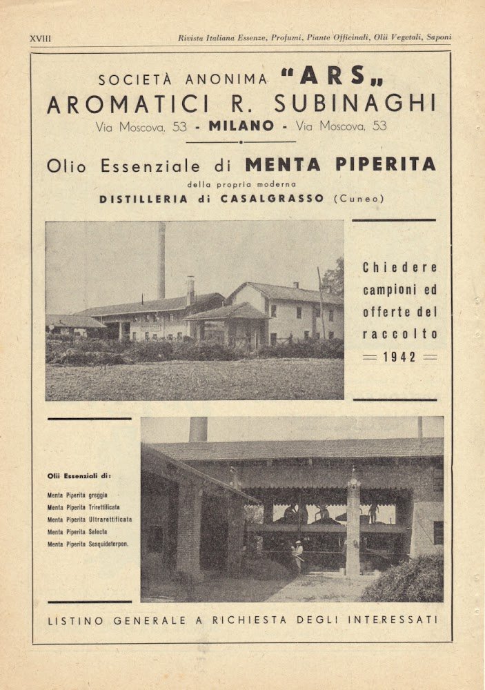 Società Anonima ARS. Aromatici R. Subinaghi, Milano. Advertising 1942