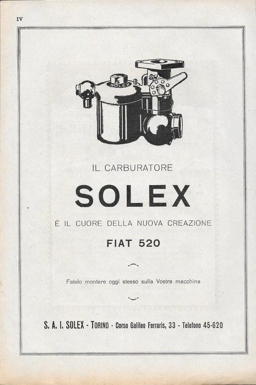 Società Nazionale dei Radiatori / Carburatore Solex. Advertising 1928