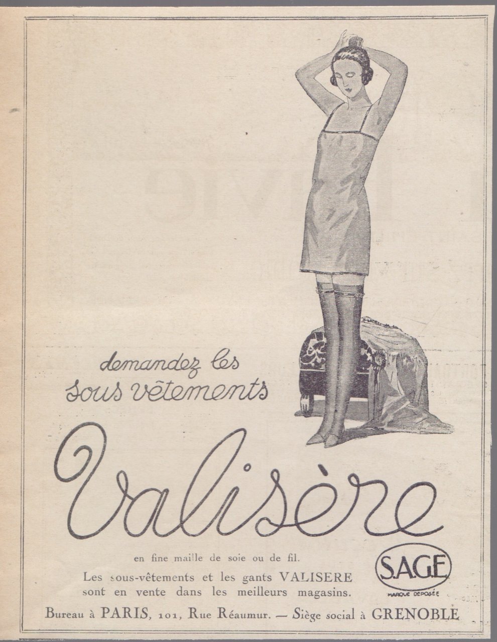 Sous vetements Valisere Sage. Advertising 1926