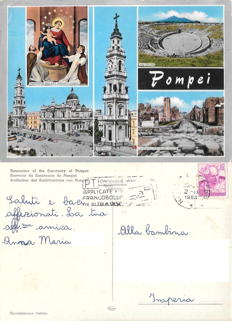 Souvenir del Santuario di Pompei. Viaggiata 1963
