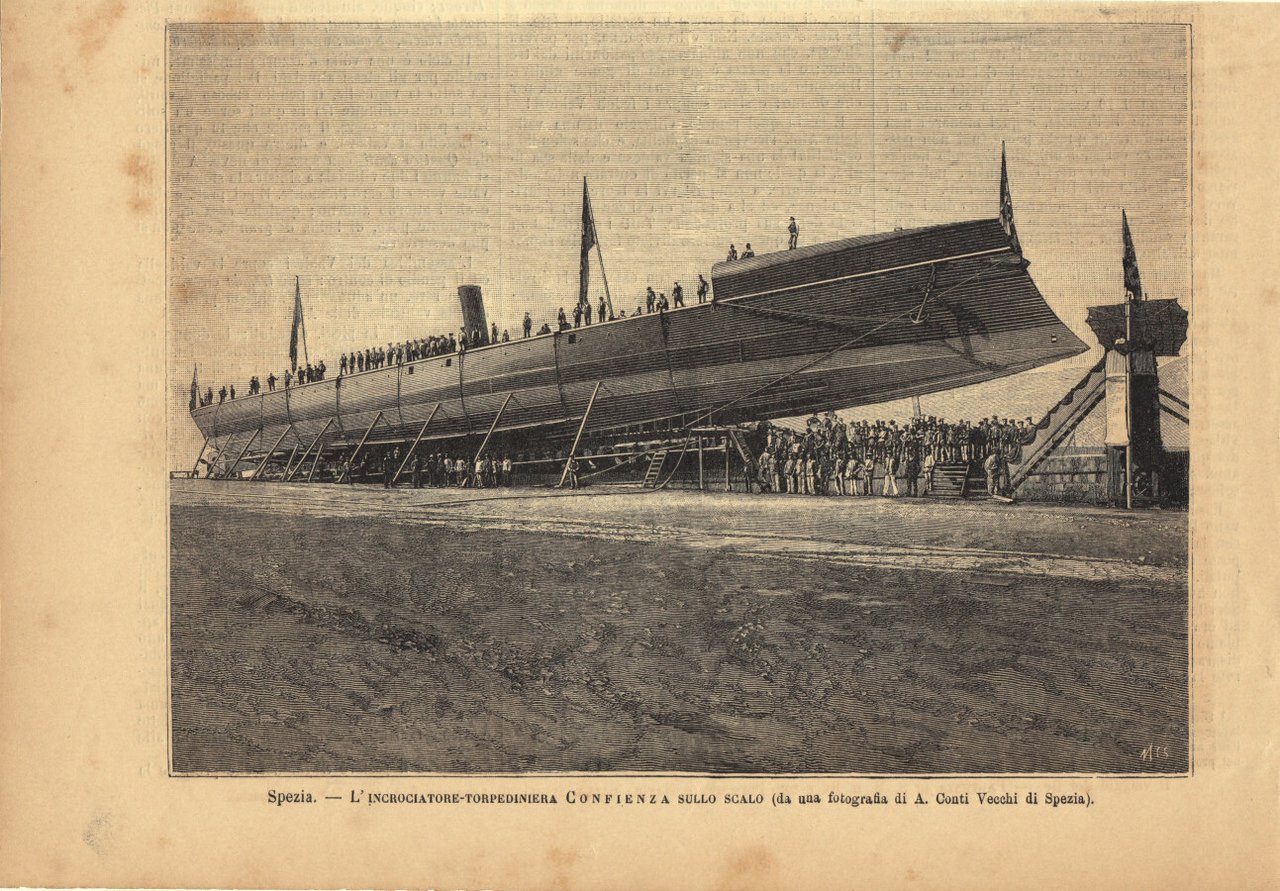 Spezia. L'incrociatore-torpediniera Confienza sullo scalo. Immagine 1889