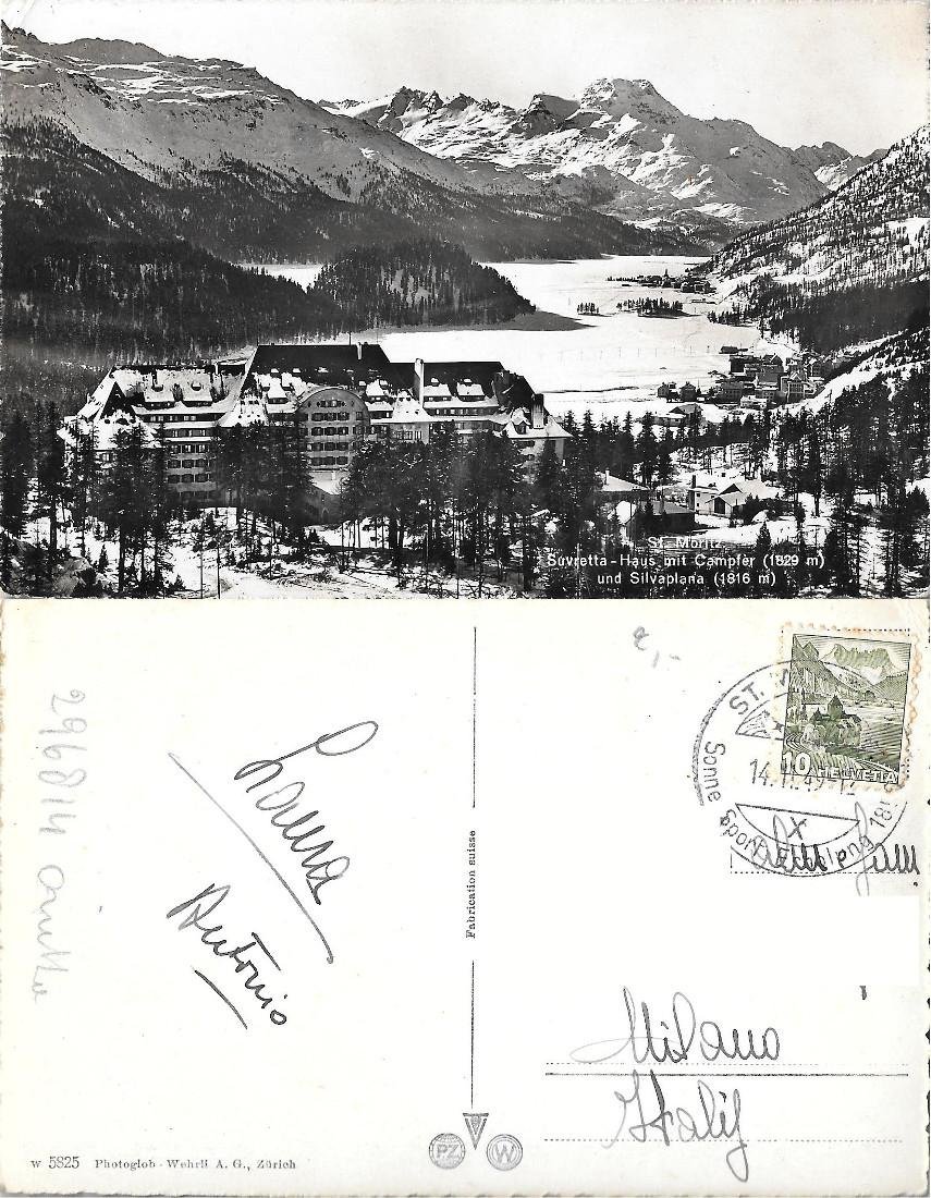 St.Moritz. Suvretta Haus mit Campfèr und Silvaplana Viaggiata 1949