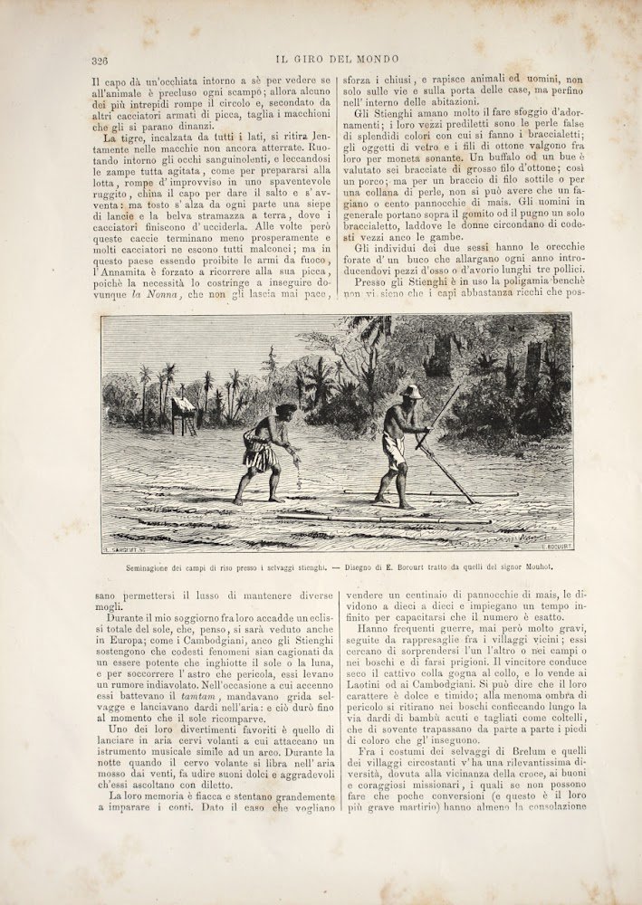 Stienghi (Cambogia): Seminagione nei campi/Selvaggio stiengo. Stampa 1863.