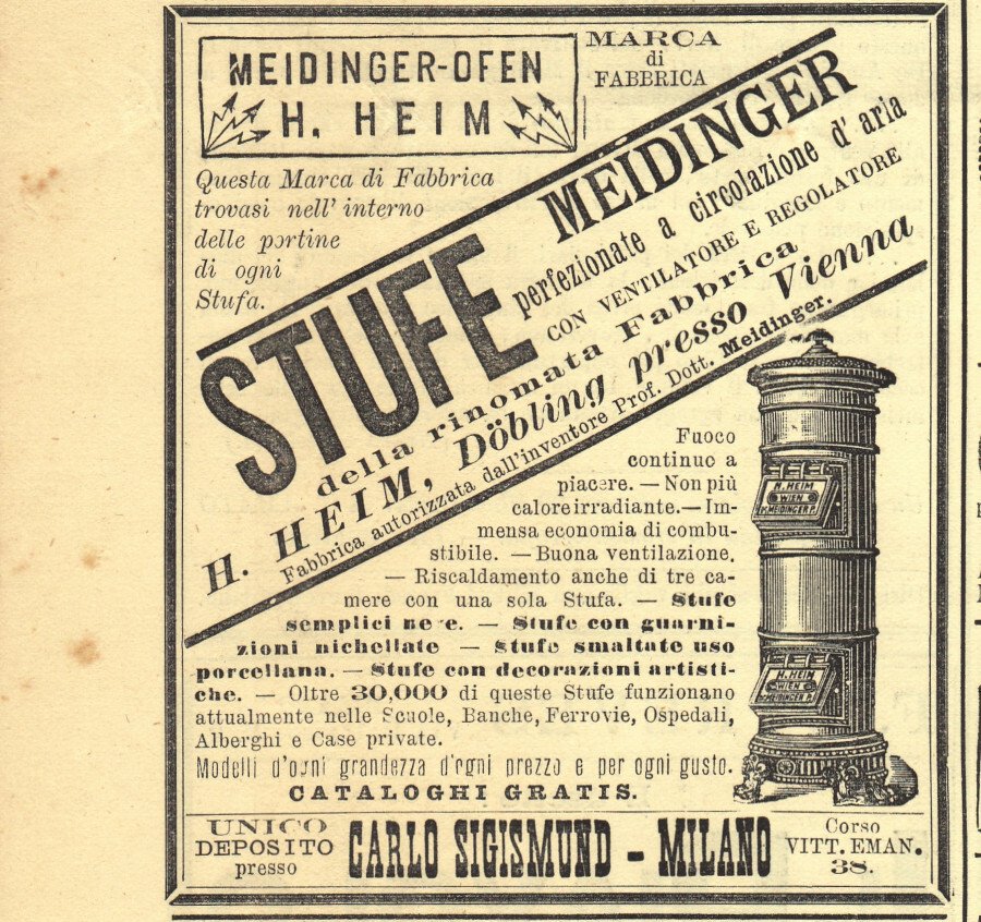 Stufe Mainger della rinomata fabbrica Heim, Doblig. Advertising 1889