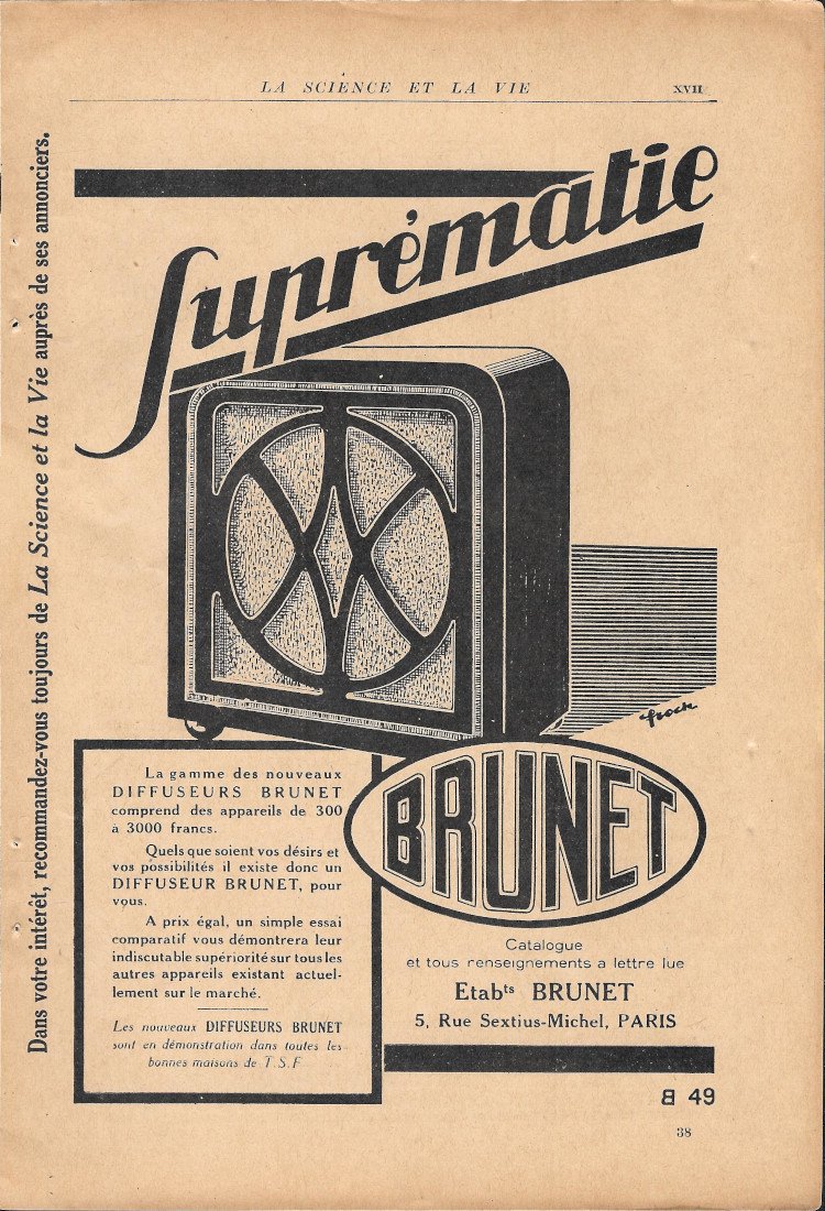 Suprématie Brunet (TSF) / Tubes Pneumatiques - Advertising 1929