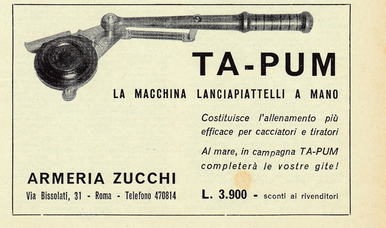 TA-PUM la macchina lanciapiattelli a mano. Advertising 1961