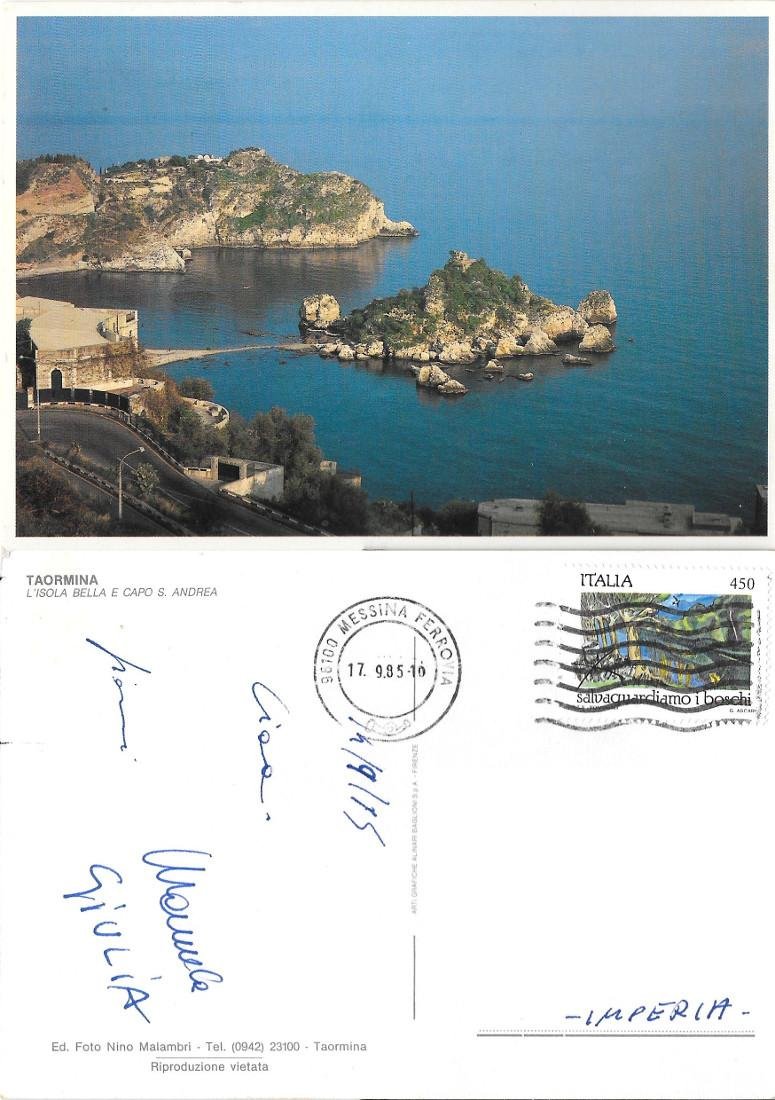 Taormina. L'Isola Bella e capo S. Andrea. Viaggiata 1975