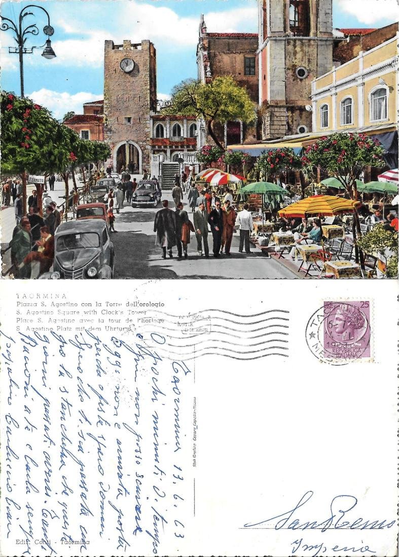 Taormina. Piazza S. Agostino con la Torre dell'orologio. Viaggiata 1963