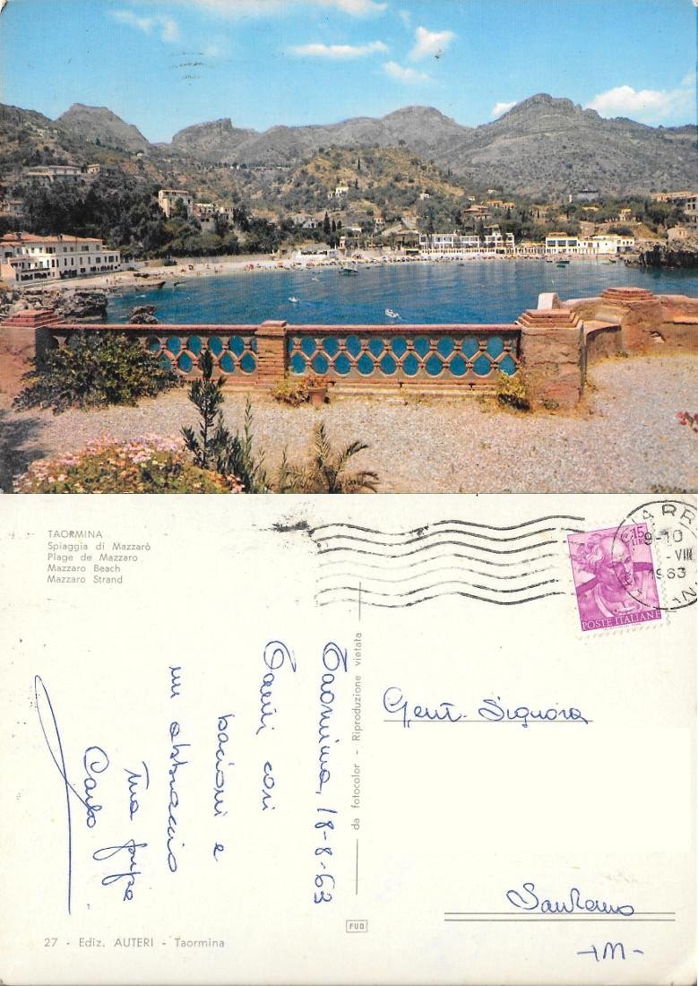 Taormina. Spiaggia di Mazzarò. Viaggiata 1963