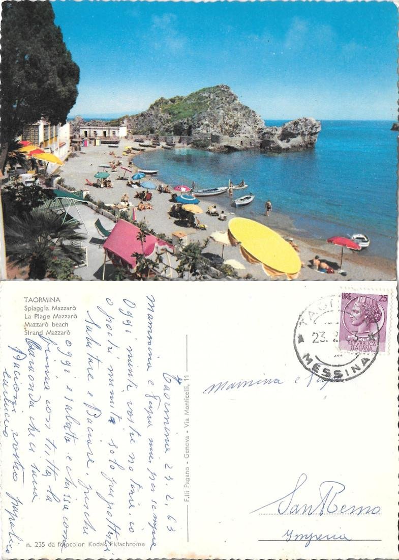 Taormina. Spiaggia Mazzarò. Viaggiata 1963