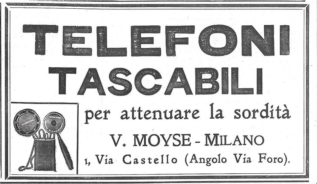 Telefoni tascabili per attenuare la sordità. V. Moyse, Milano. Advertising …