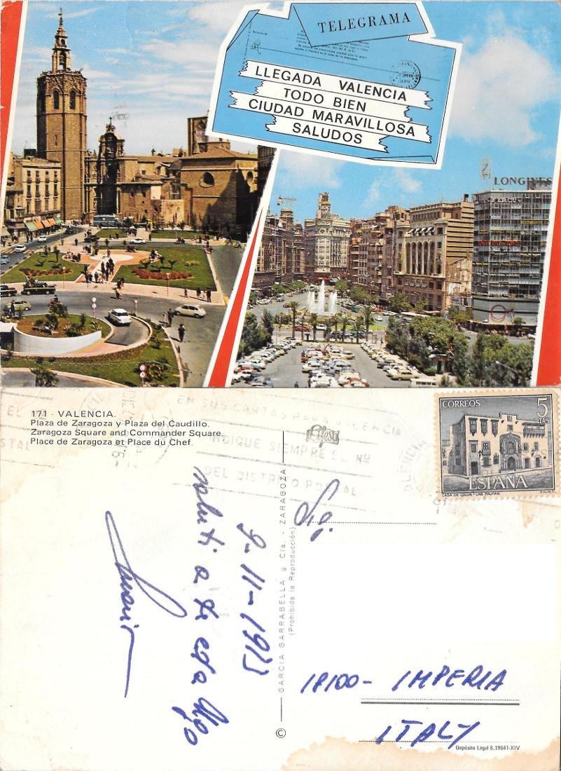 Telegrama da Valencia. Viaggiata 1973