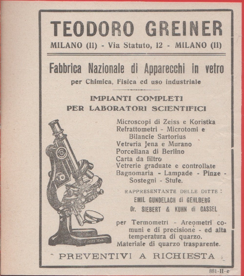 Teodoro Greiner, Milano. Fabbrica nazionale di apparecchi in vetro. Advertising …