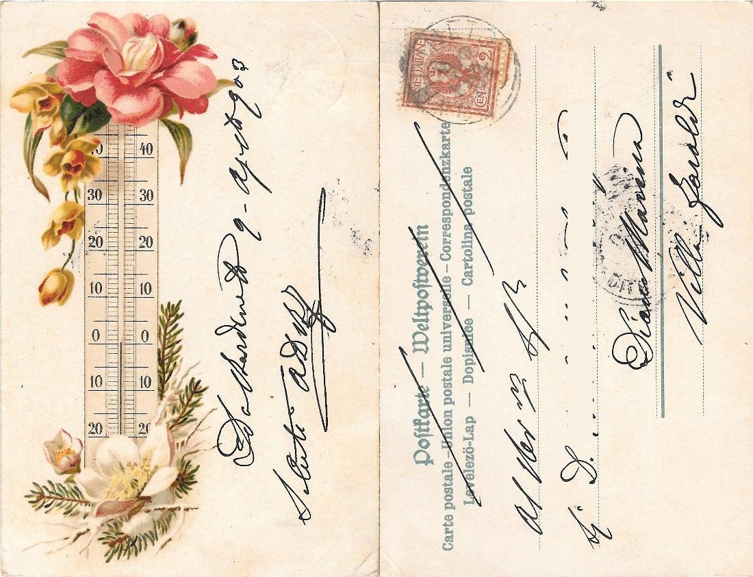 Termometro con fiori. Viaggiata 1903