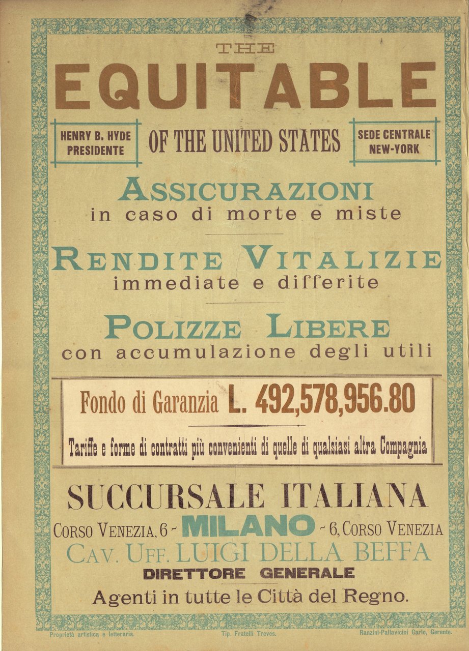 The Equitable of the United States. Assicurazioni, rendite vitalizie. Advertising …