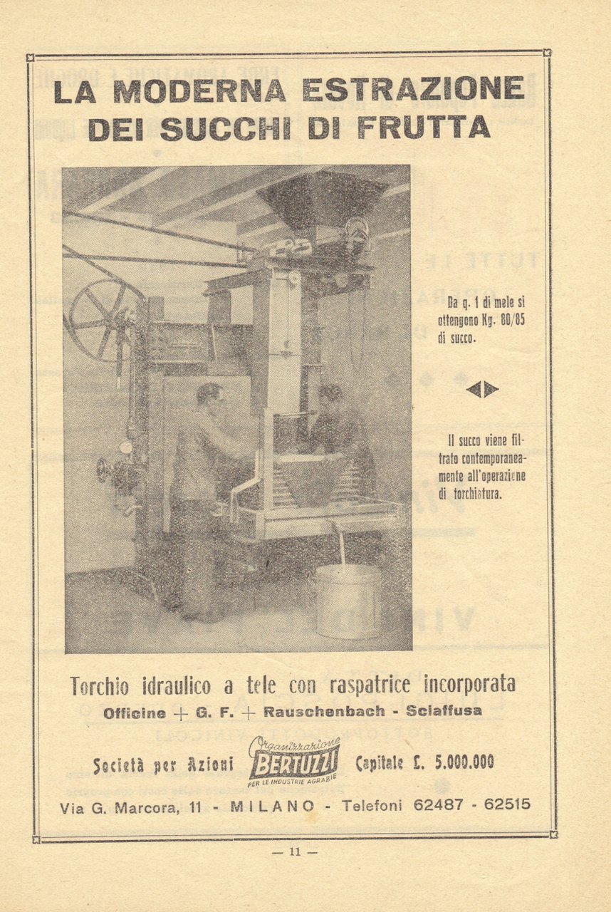 Torchio estrattore succhi di frutta. Bertuzzi. Advertising 1947