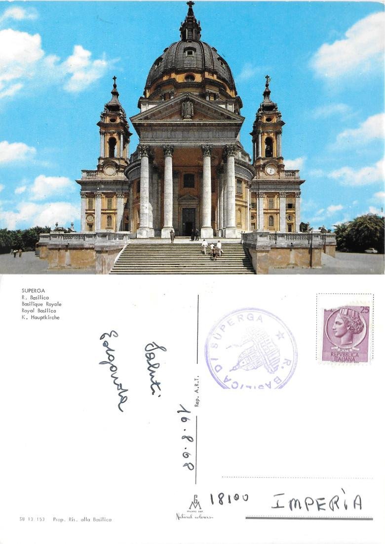 Torino. Superga. R. Basilica. Timbro Basilica. Viaggiata 1968