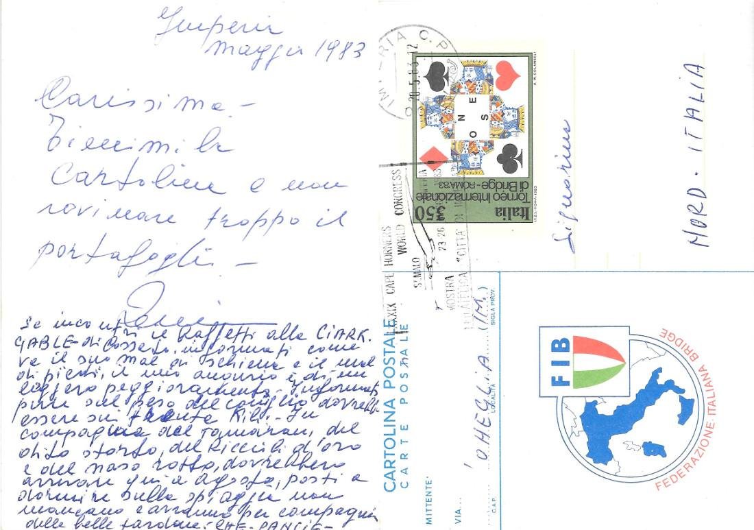 Torneo Internazionale di Bridge. Roma 1983. Viaggiata 1983