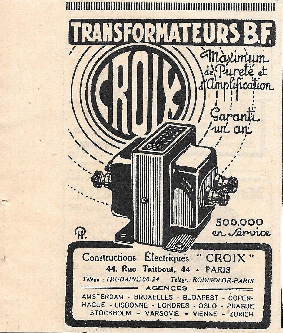 Transformateurs B.F. Croix. Pubblicita 1926