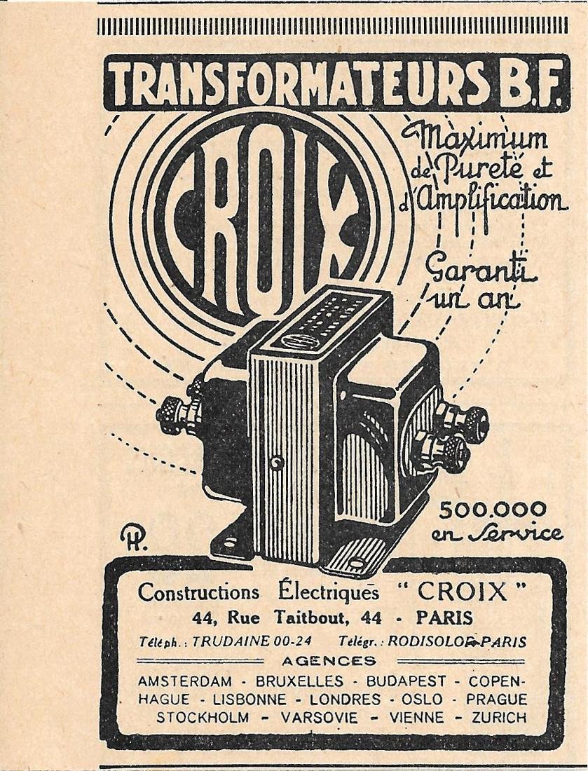 Transformateurs B.F CROIX. Pubblicita 1926 | Immagine principale