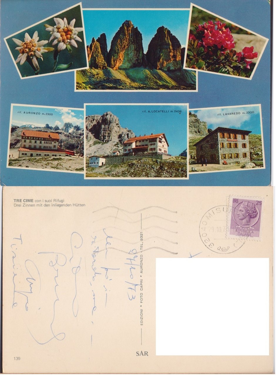 Tre cime con i suoi Rifugi. Viaggiata 1973