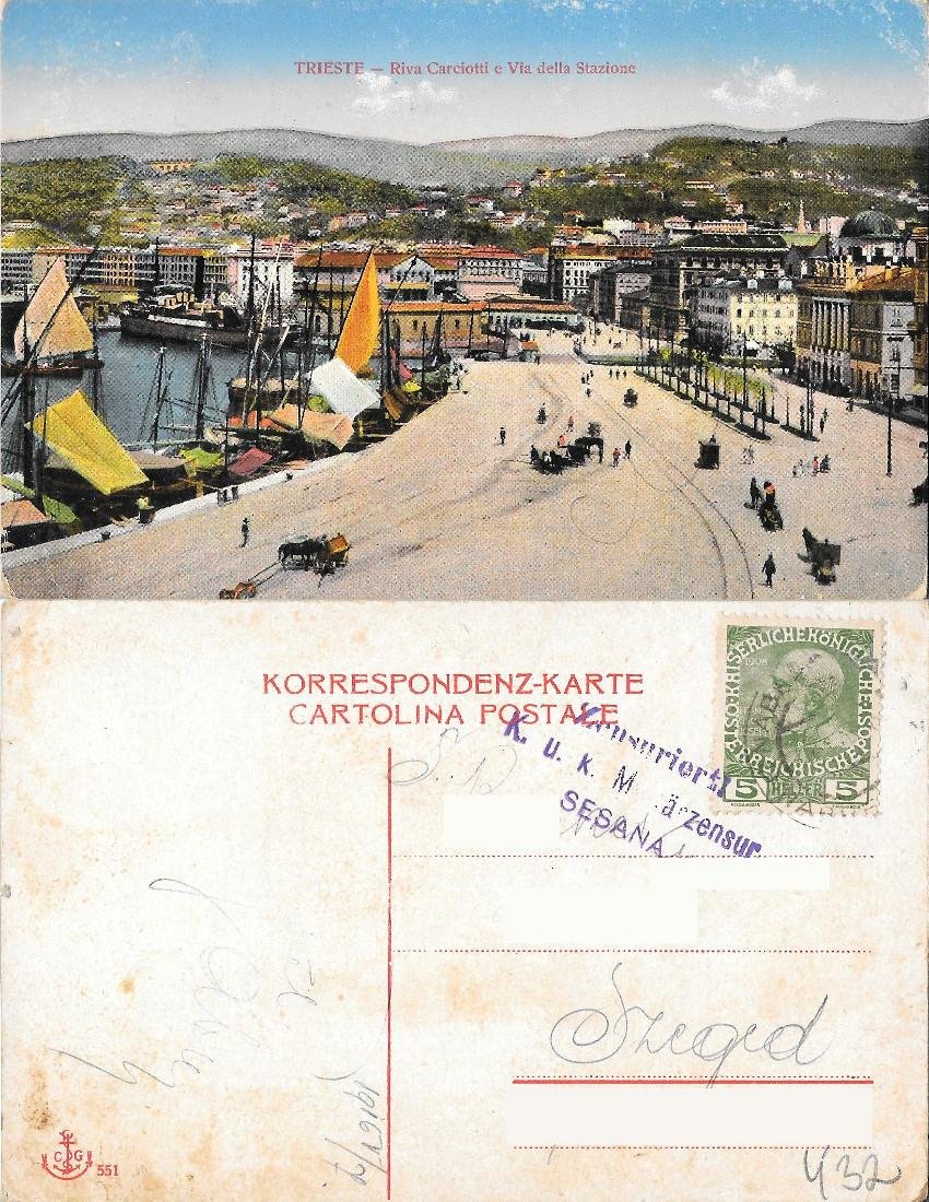 Trieste. Riva Carciotti e Via della Stazione. Timbro censura austriaca. …