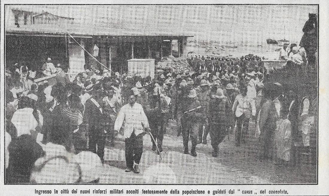 Tripoli. Ingresso in città dei nuovi rinforzi. Stampa 1911