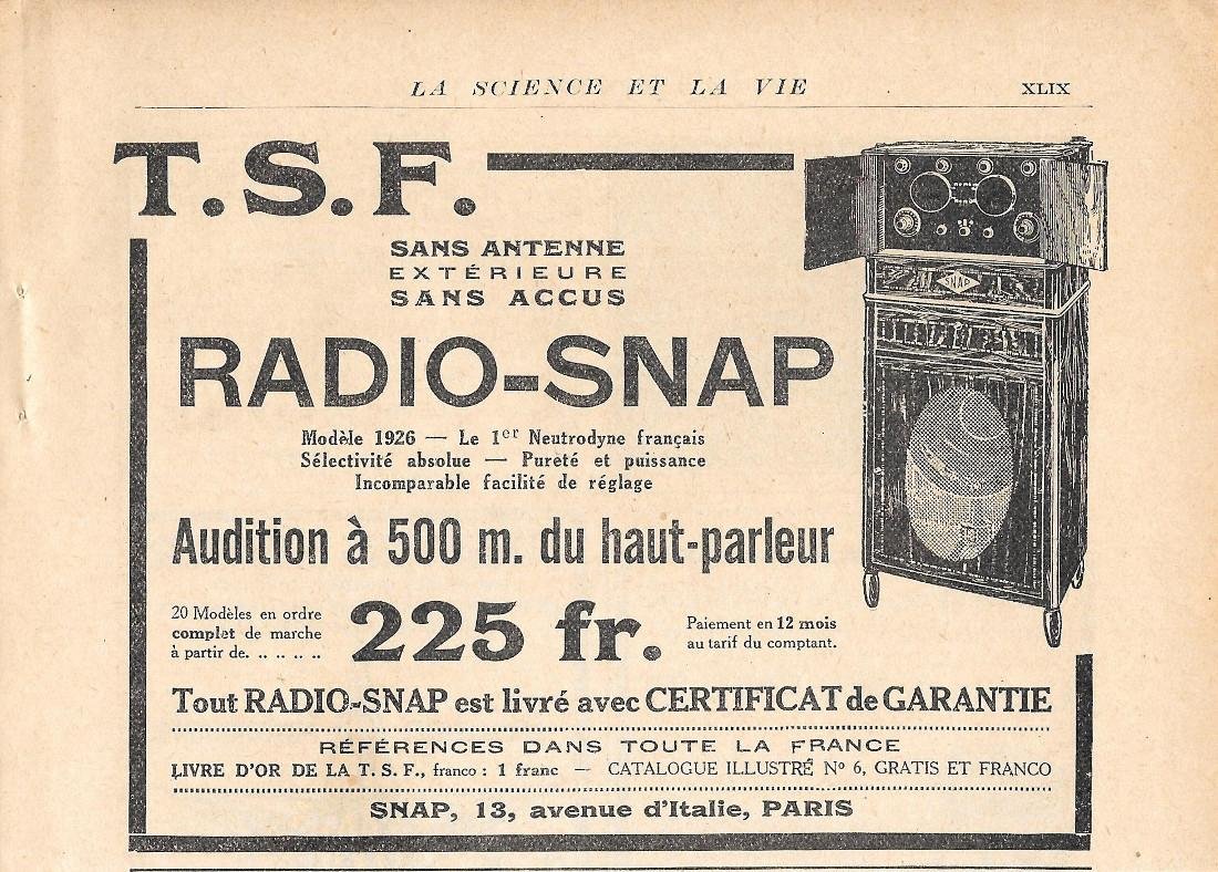 TSF Radio-Snap. Pubblicita 1926