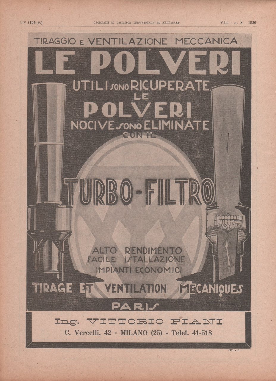 Turbo filtro. Ing. Vittorio Piani, Milano. Advertising 1926
