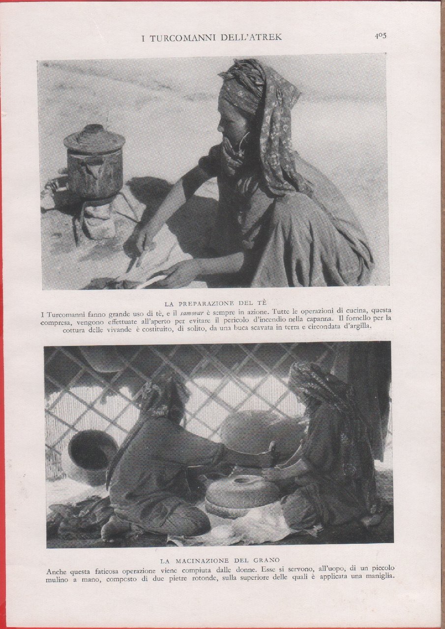 Turcomanni dell'Atrek: preparazione del te; macinazione del grano. Immagine 1937