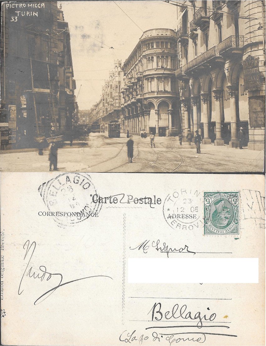 Turin-Torino. Via Pietro Micca. Viaggiata 1906, animata, tram