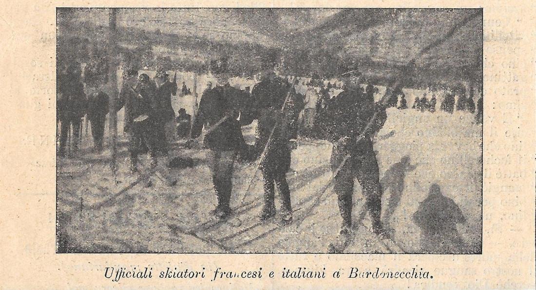 Ufficiali skiatori francesi e italiani a Bardonecchia. Stampa 1912