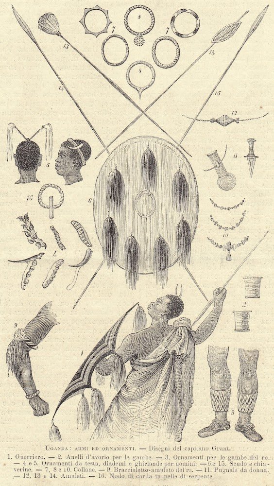 Uganda: armi e ornamenti. Illustrazione 1864