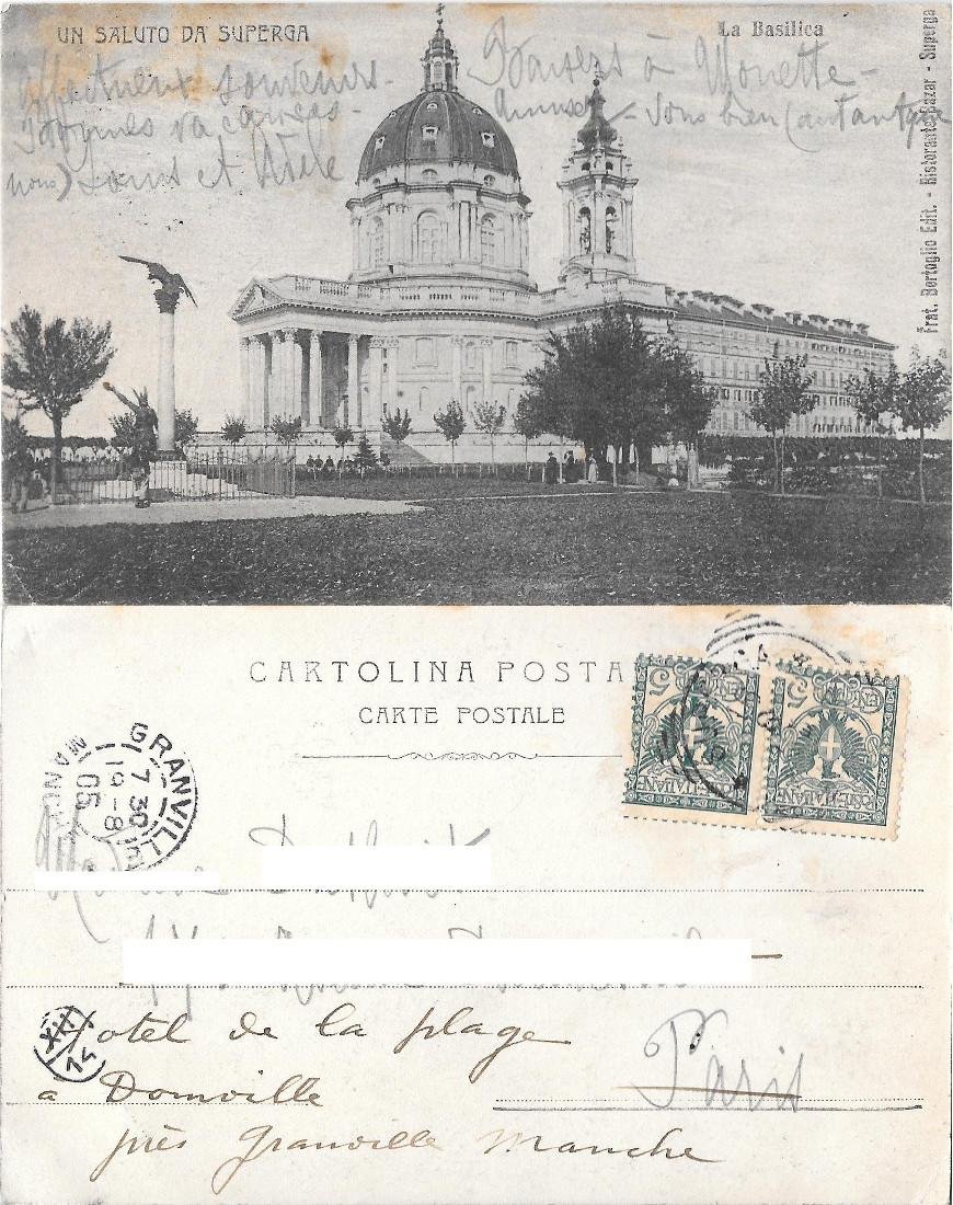 Un saluto da Superga (TO). Ed. F.lli Bertoglio. Viaggiata 1905