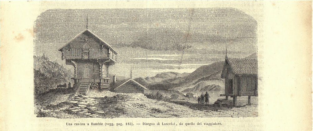 Una cascina di Bamble (Norvegia). Stampa 1863.