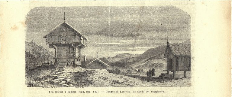 Una cascina di Bamble (Norvegia). Stampa 1863.