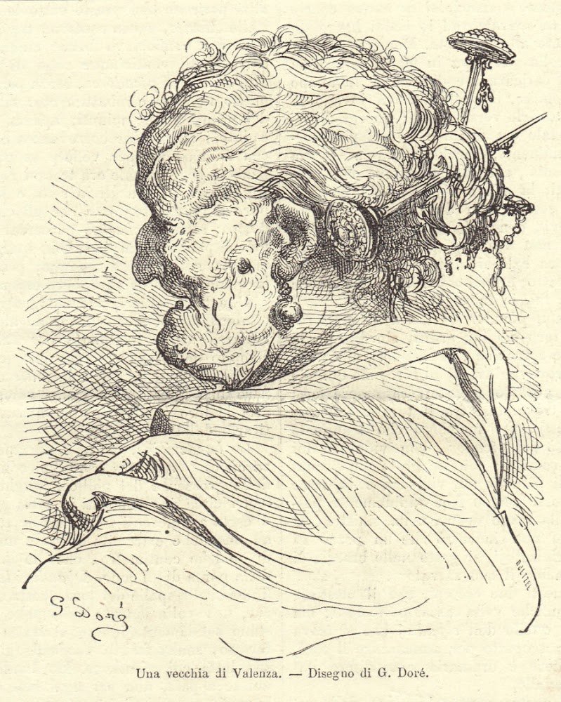Una vecchia di Valenza (Spagna). Illustrazione 1864, ill. G. Doré