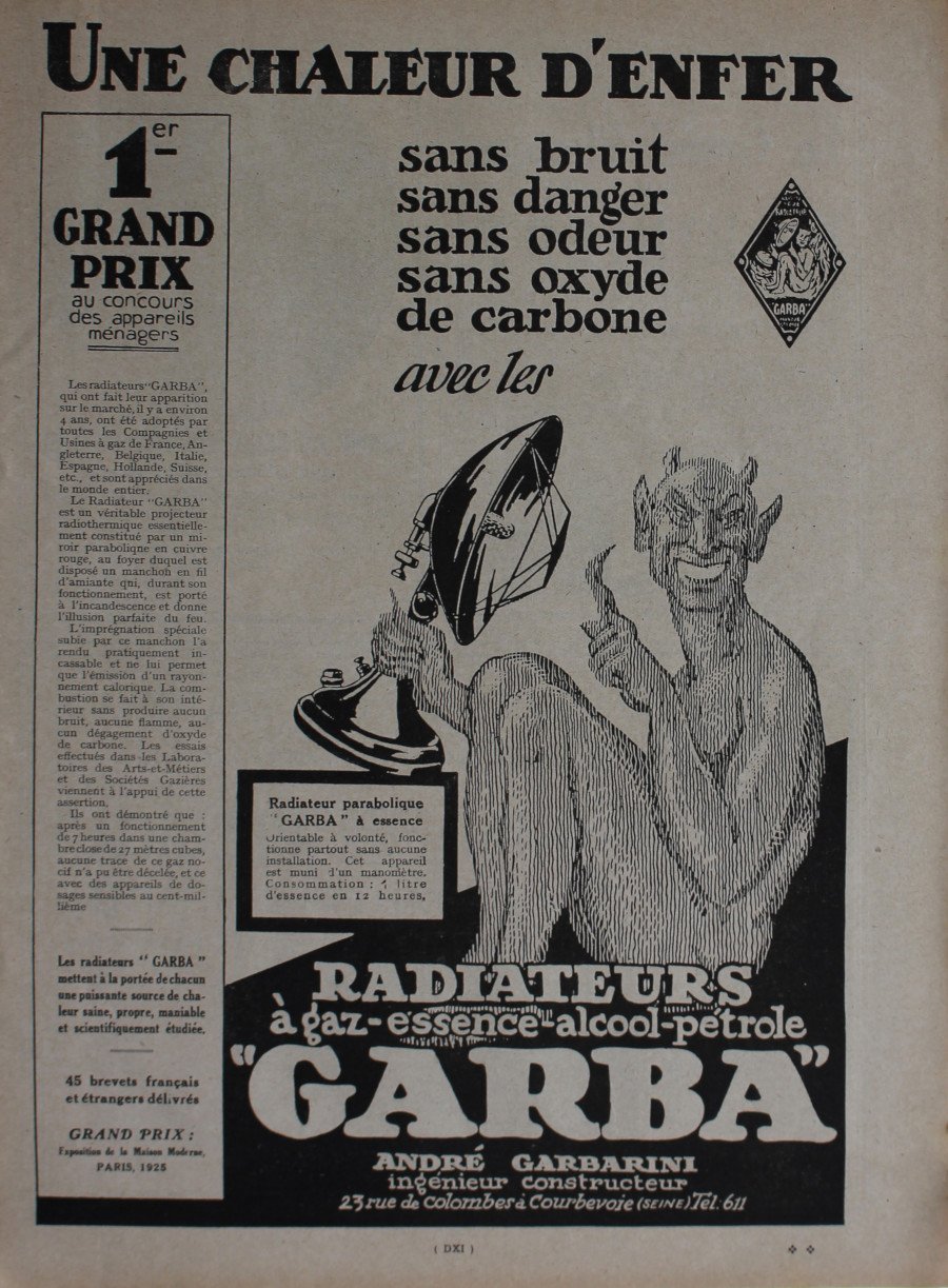 Une chaleur d'enfer avec les radiateurs Garba. Advertising 1926