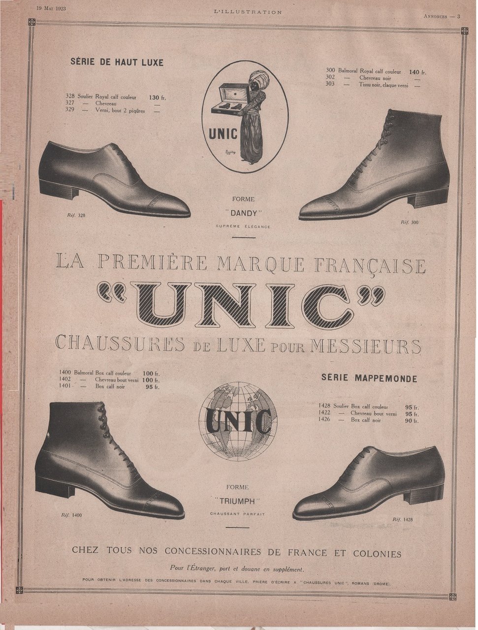 Unic chaussure de luxe pour messieurs. Advertising 1923
