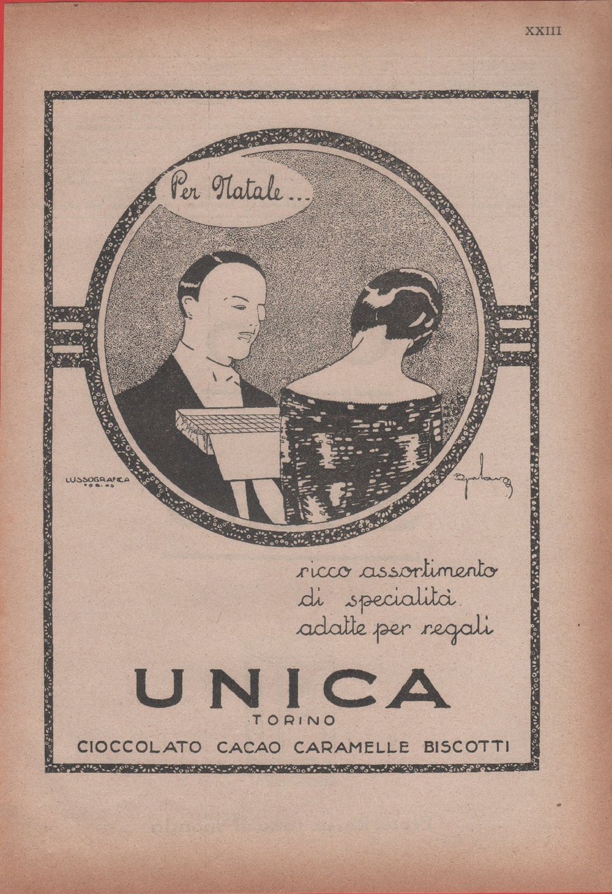 Unica Torino. Cioccolato, Cacao, Caramelle, Biscotti. Advertising 1926