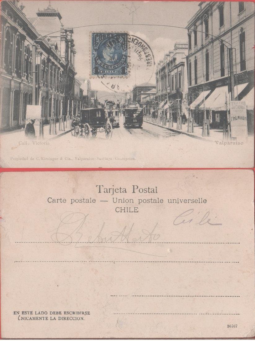 Valparaiso (Cile). Calle Victoria . Viaggiata 1905. Carrozze, tram