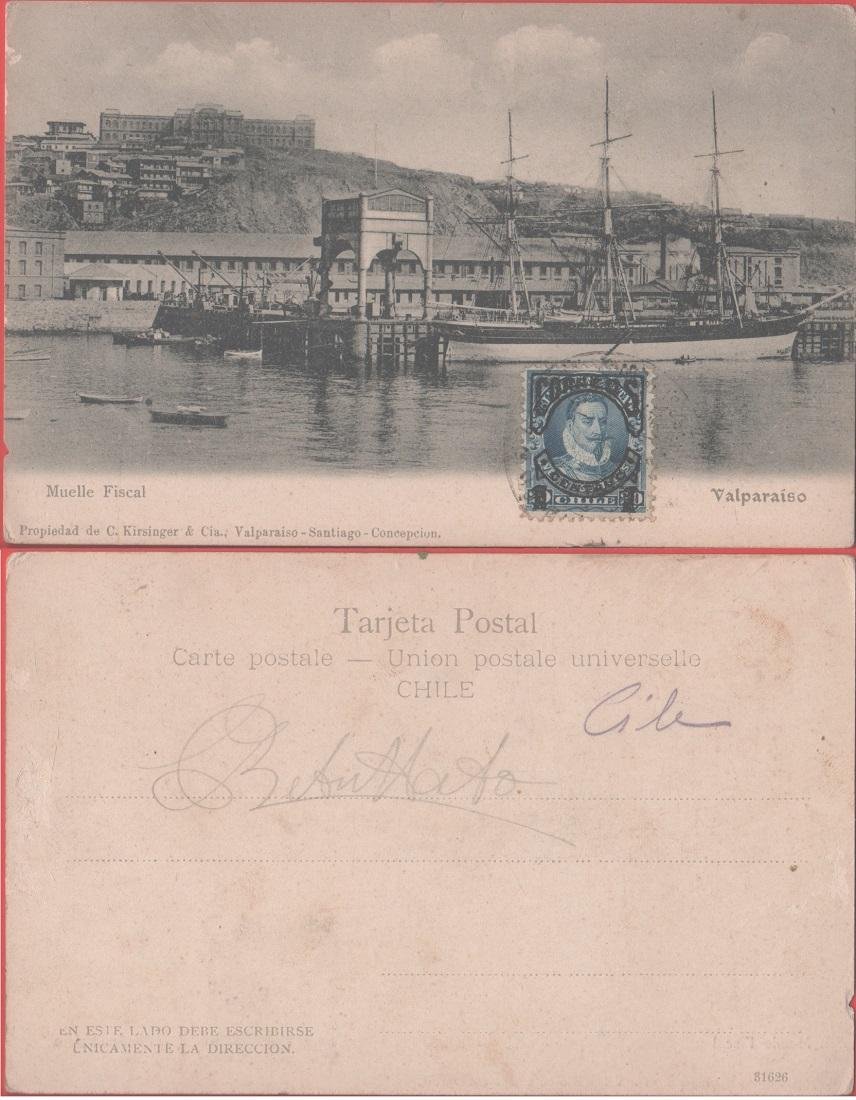 Valparaiso (Cile). Muelle fiscal . Viaggiata 1905. Navi a vela