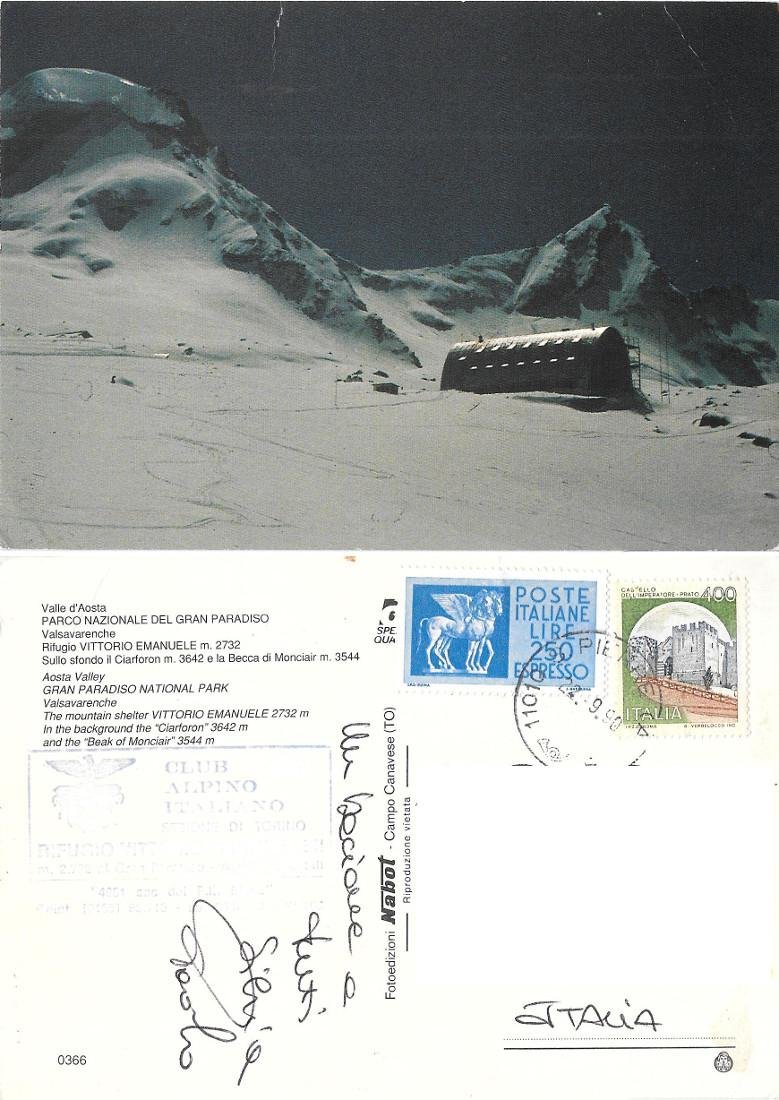 Valsavaranche (AO). Rifugio Vittorio Emanuele. Viaggiata 1990. Timbro rifugio