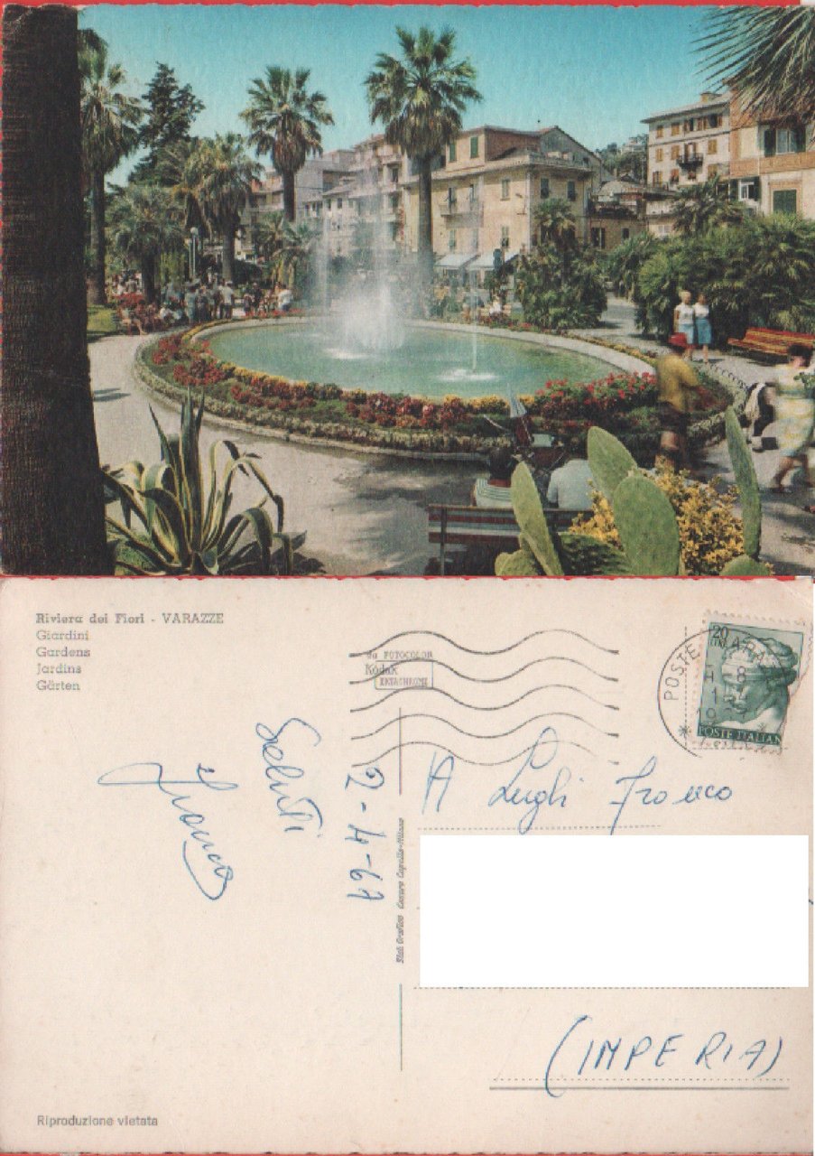 Varazza (SV). Giardini. Viaggiata 1967