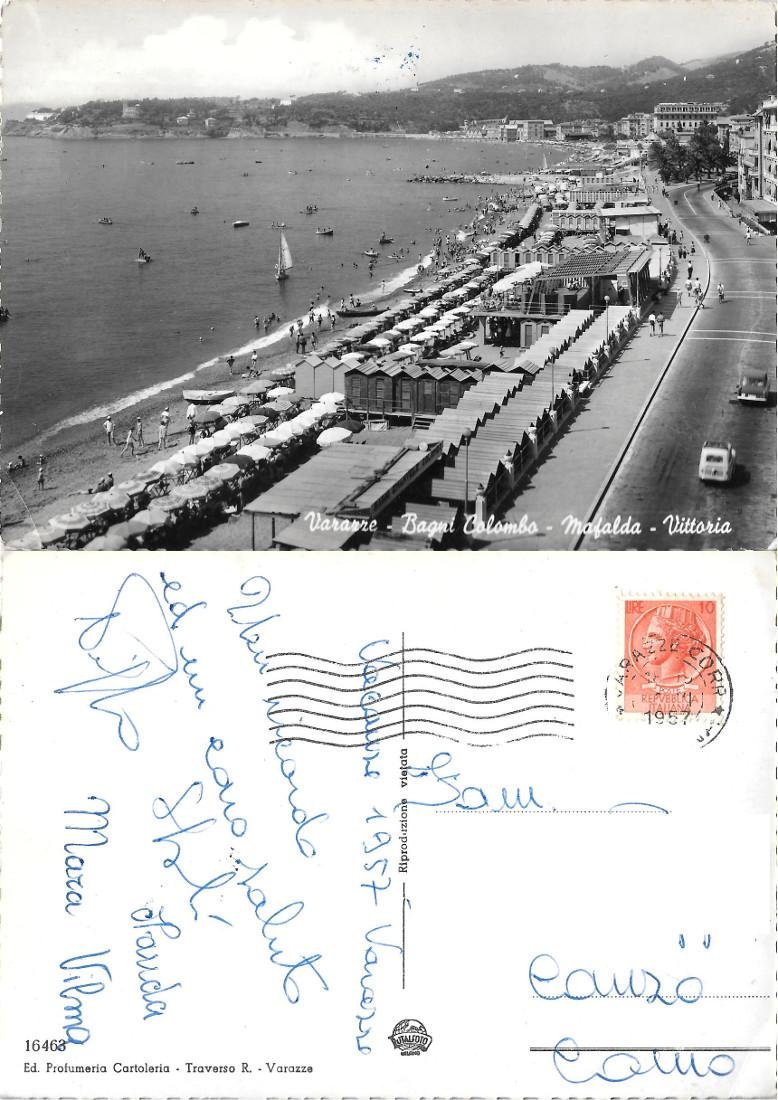 Varazze. Bagni Colombo, Mafalda, Vittoria. Viaggiata 1957