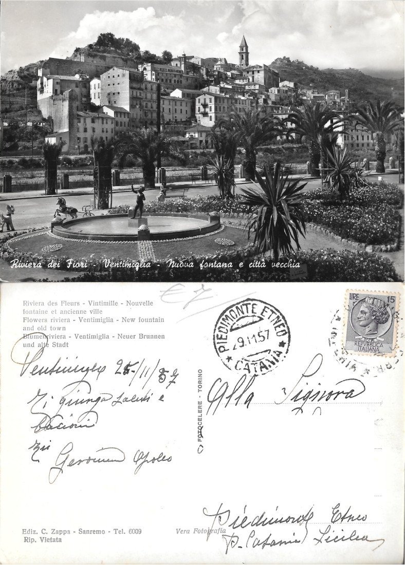 Ventimiglia. Nuova Fontana e Città Vecchia. Viaggiata 1957