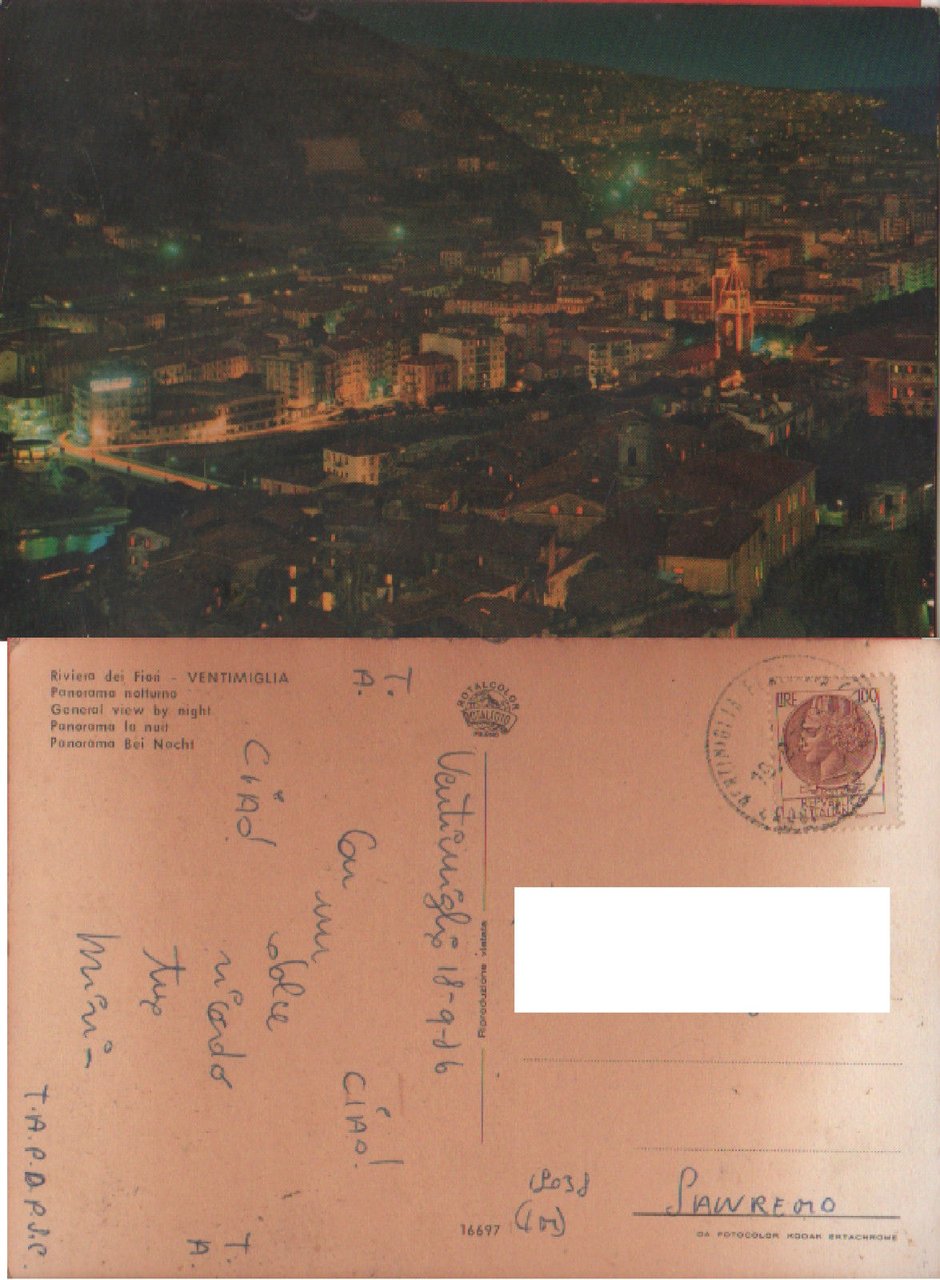 Ventimiglia. Panorama notturno. Viaggiata 1966