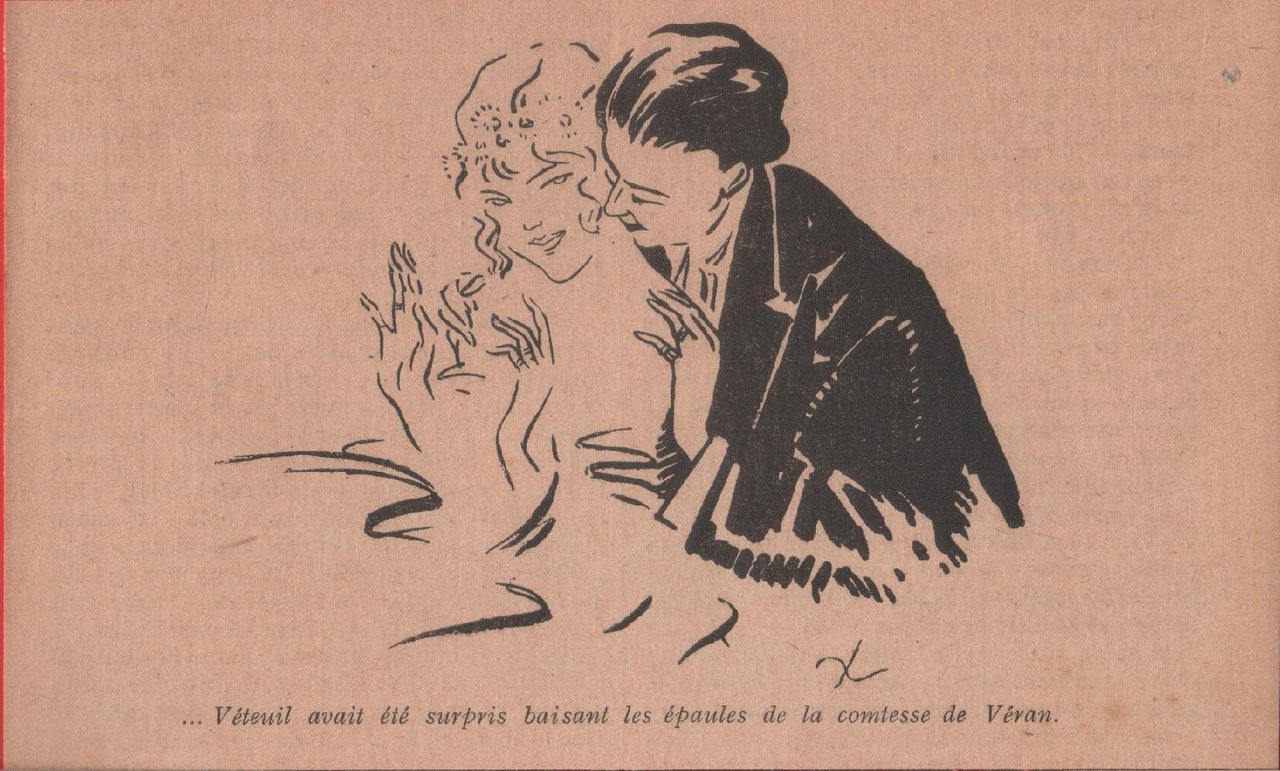Veteuil avant été surpris baisant.... Illustrazione J.L. Nam. Stampa 1920